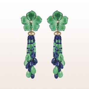 Ohrgehänge mit Grünachatblüten, Lapis Lazuli, Smaragd und Brillanten 0,07ct in 18kt Roségold