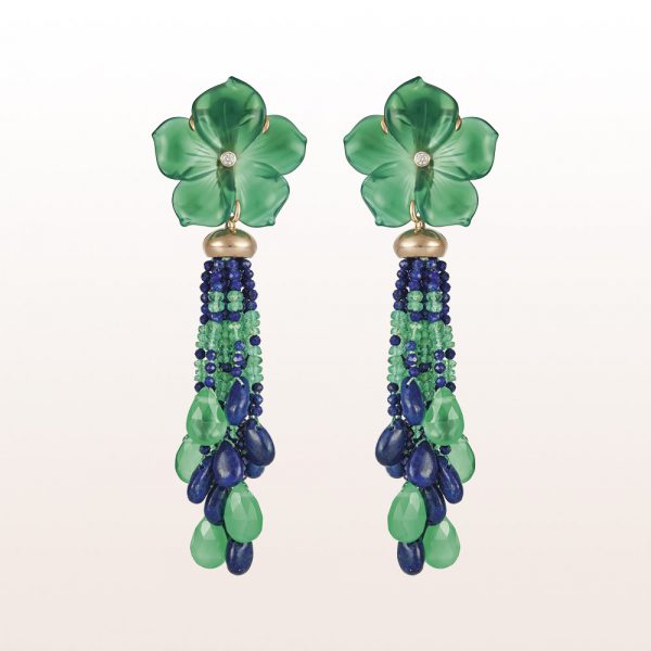 Ohrgehänge mit Grünachatblüten, Lapis Lazuli, Smaragd und Brillanten 0,07ct in 18kt Roségold