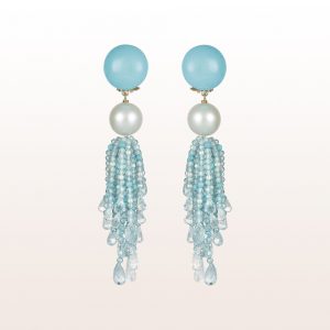 Earrings with turquoises, pearls, blue zircon, moonstone and aquamarine in 18kt white gold
